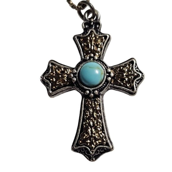 Vintage Sterling Silver and Gold Tone Cross 23" Necklace with Turquoise Stone - Picture 1 of 6